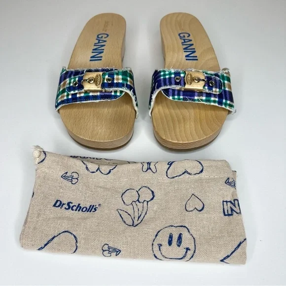 GANNI x Dr. Scholl's Blue Plaid Buckle Wooden Clog Slides Sandals Retro NEW - Picture 4 of 14